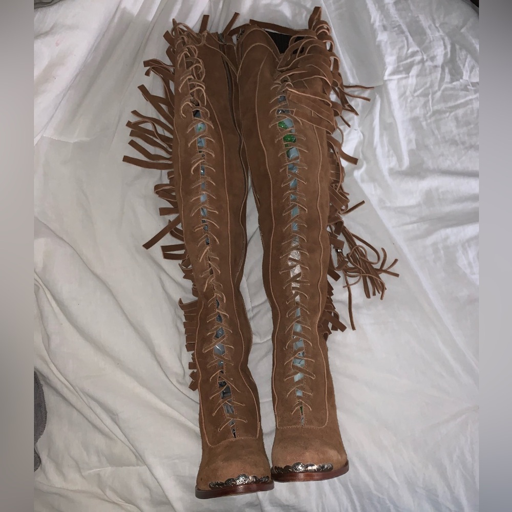 Gypsy Spell Brown Over the Knee Boots with Fringe